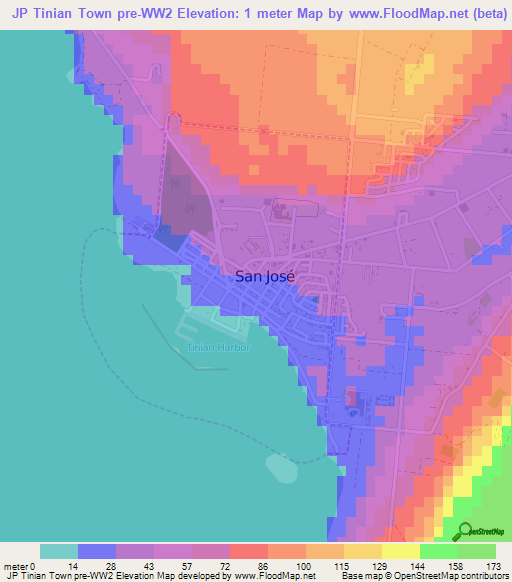 JP Tinian Town pre-WW2,Northern Mariana Islands Elevation Map