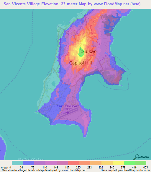 San Vicente Village,Northern Mariana Islands Elevation Map