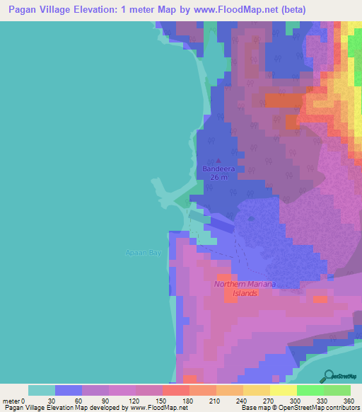Pagan Village,Northern Mariana Islands Elevation Map