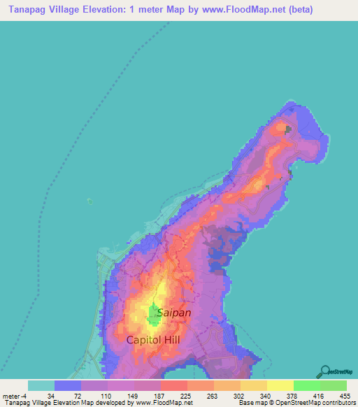 Tanapag Village,Northern Mariana Islands Elevation Map