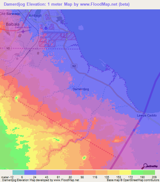 Damerdjog,Djibouti Elevation Map