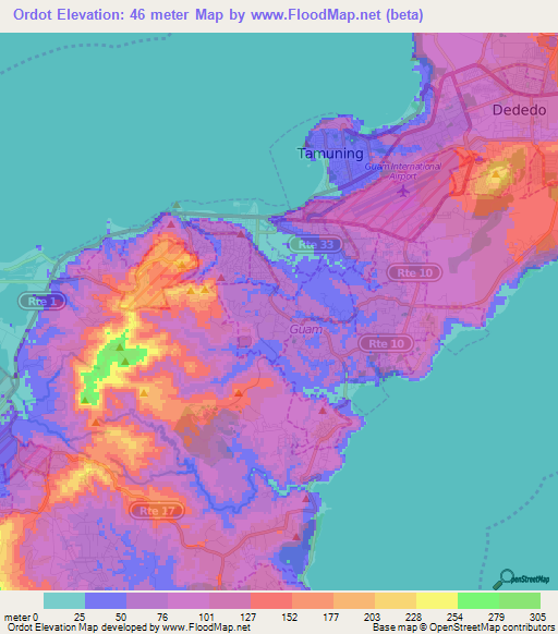 Ordot,Guam Elevation Map