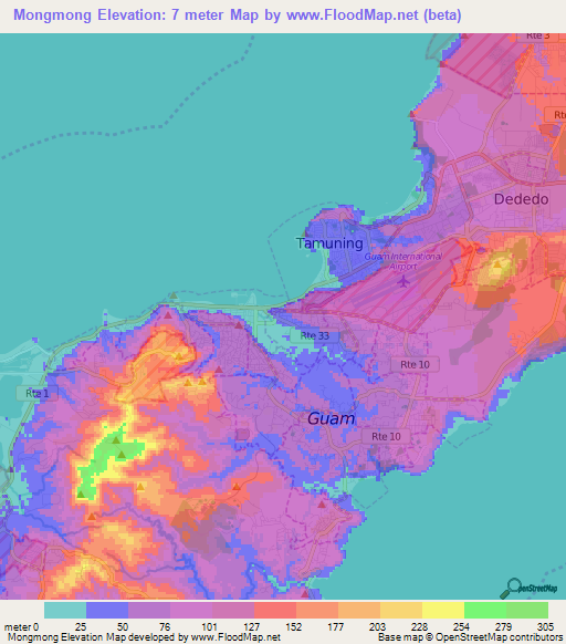 Mongmong,Guam Elevation Map
