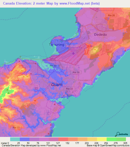 Canada,Guam Elevation Map