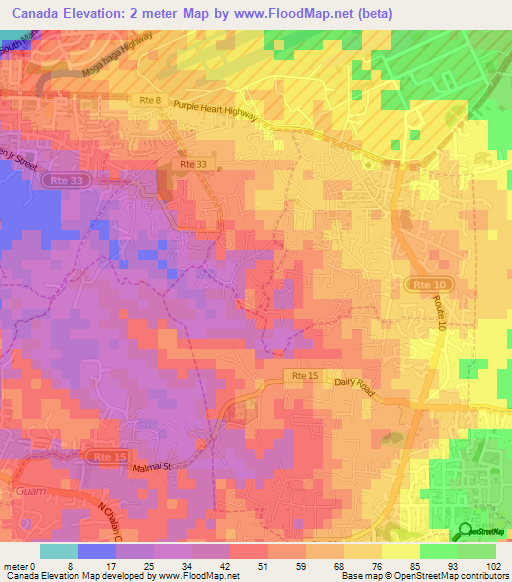 Canada,Guam Elevation Map