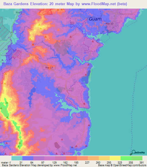 Baza Gardens,Guam Elevation Map