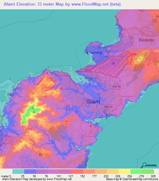 Afami,Guam Elevation Map
