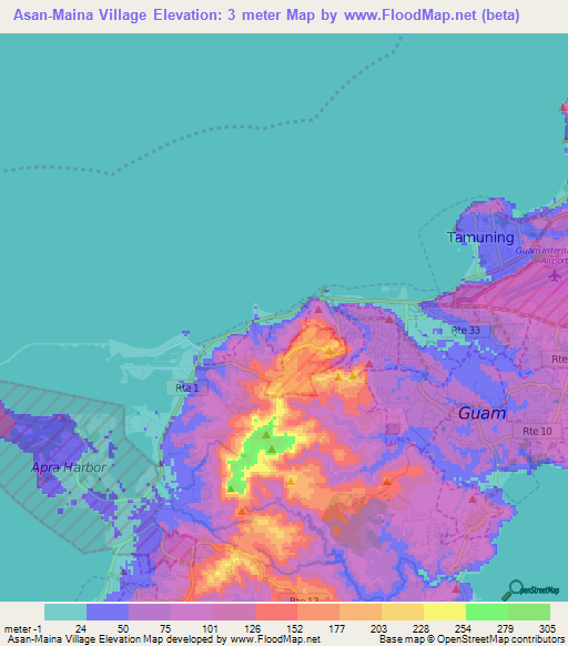 Asan-Maina Village,Guam Elevation Map
