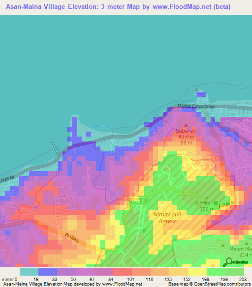 Asan-Maina Village,Guam Elevation Map