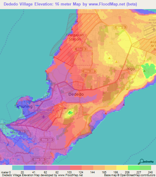 Dededo Village,Guam Elevation Map