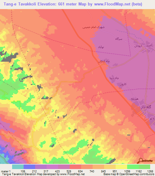 Tang-e Tavakkoli,Iran Elevation Map