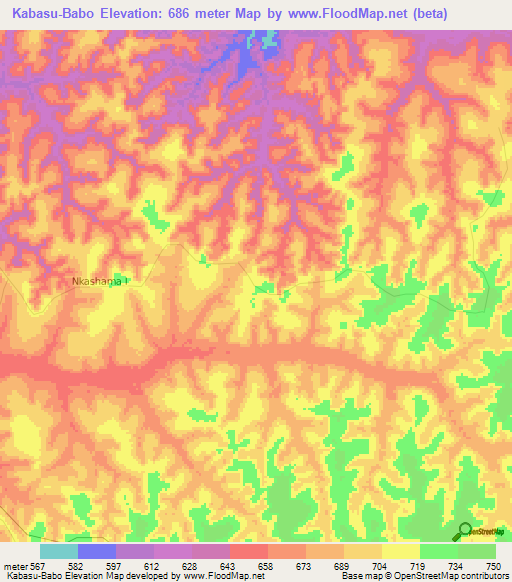 Kabasu-Babo,Congo (Kinshasa) Elevation Map