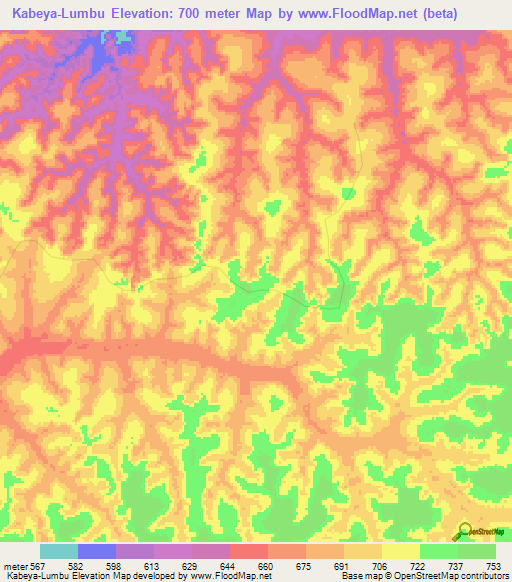Kabeya-Lumbu,Congo (Kinshasa) Elevation Map