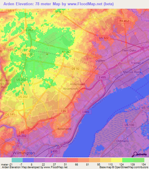 Arden,US Elevation Map