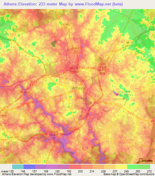 Athens,US Elevation Map