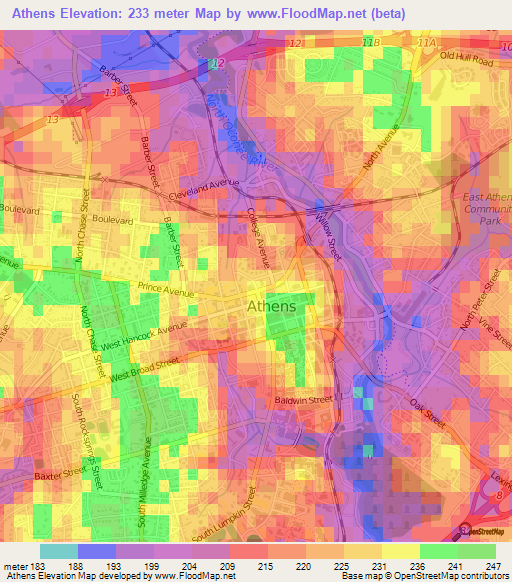 Athens,US Elevation Map