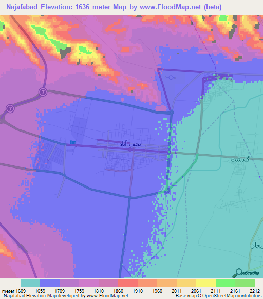 Najafabad,Iran Elevation Map