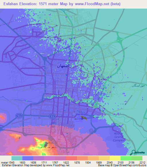 Esfahan,Iran Elevation Map