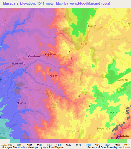 Musagara,Burundi Elevation Map