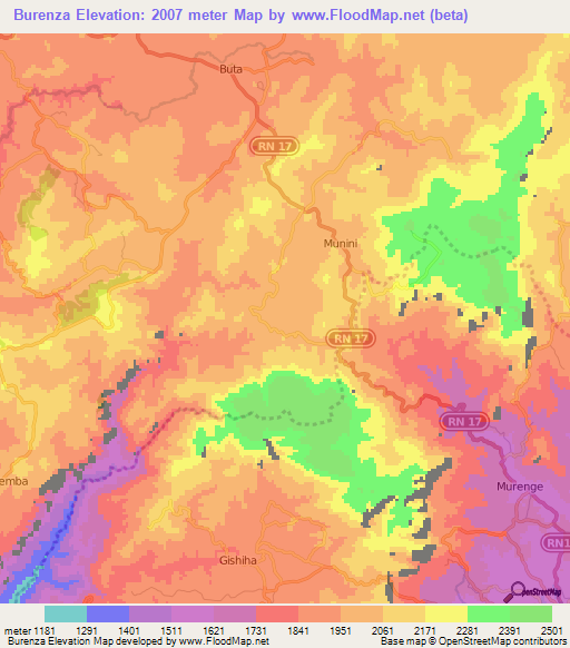 Burenza,Burundi Elevation Map