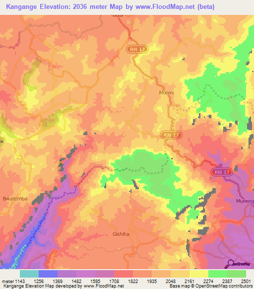 Kangange,Burundi Elevation Map