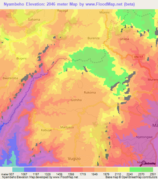 Nyambeho,Burundi Elevation Map