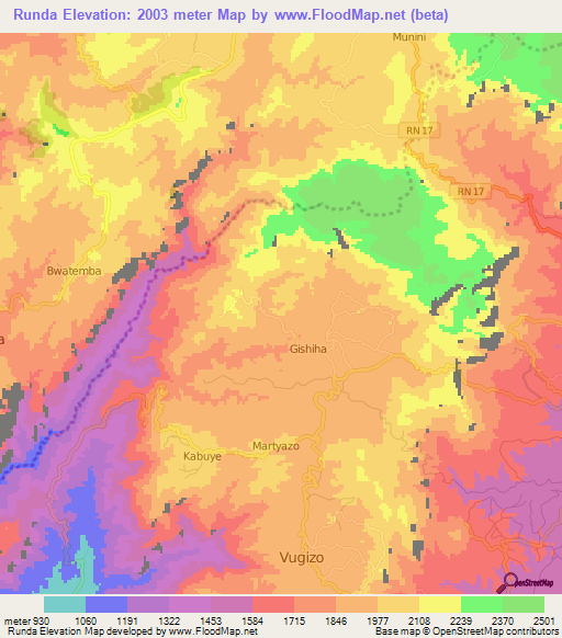 Runda,Burundi Elevation Map