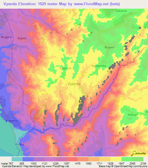 Vyanda,Burundi Elevation Map