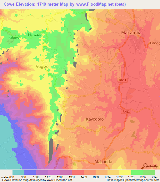 Cowe,Burundi Elevation Map