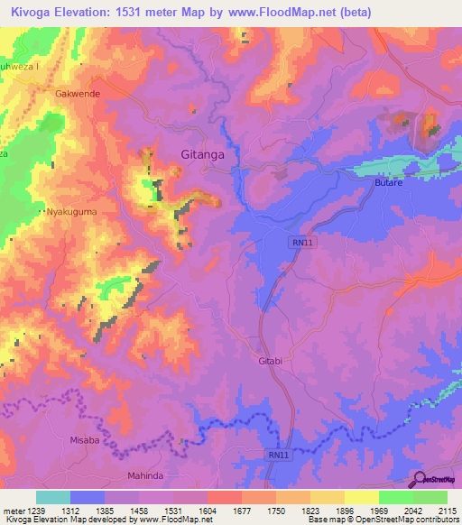Kivoga,Burundi Elevation Map