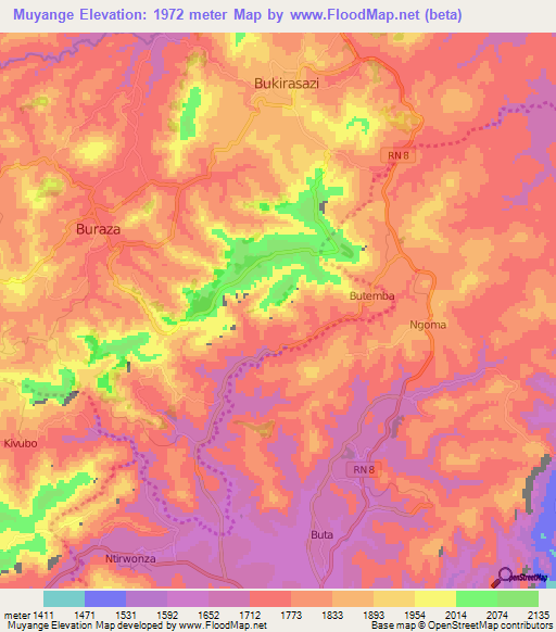 Muyange,Burundi Elevation Map