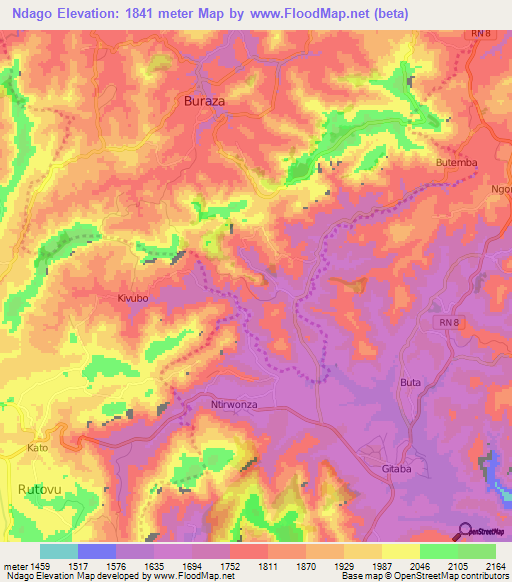 Ndago,Burundi Elevation Map