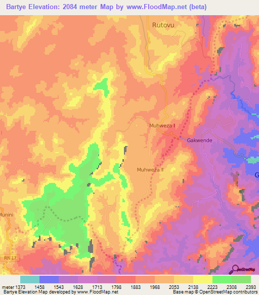 Bartye,Burundi Elevation Map