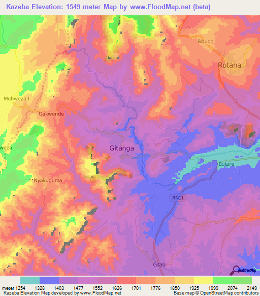 Kazeba,Burundi Elevation Map