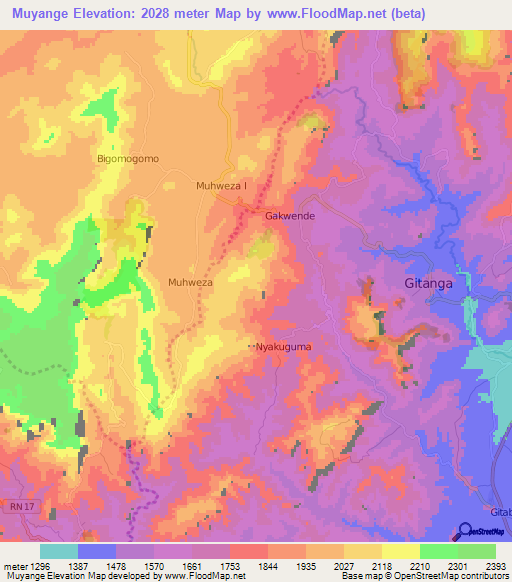 Muyange,Burundi Elevation Map