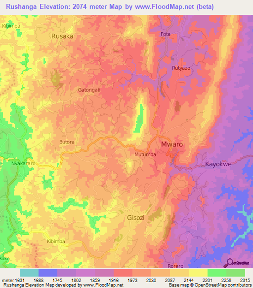 Rushanga,Burundi Elevation Map