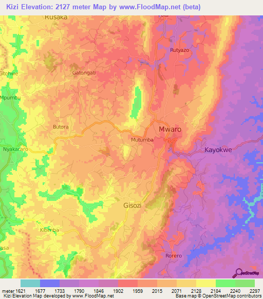 Kizi,Burundi Elevation Map