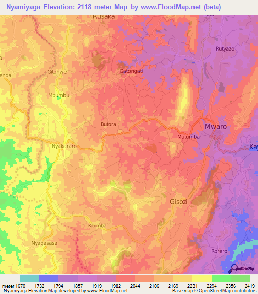 Nyamiyaga,Burundi Elevation Map