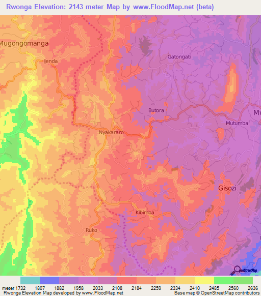 Rwonga,Burundi Elevation Map