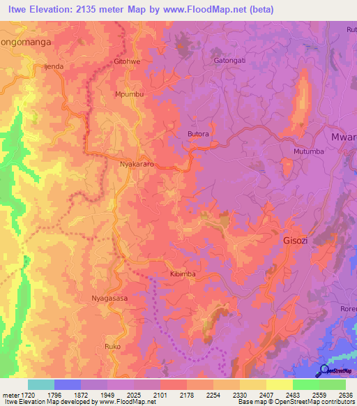 Itwe,Burundi Elevation Map