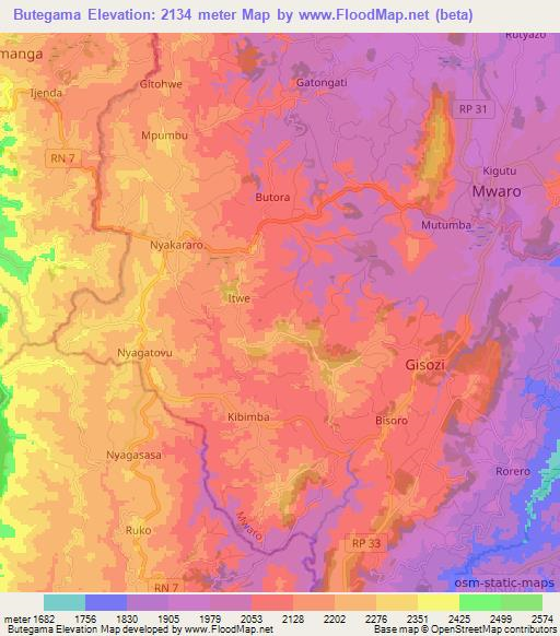 Butegama,Burundi Elevation Map