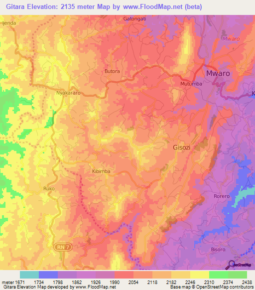 Gitara,Burundi Elevation Map