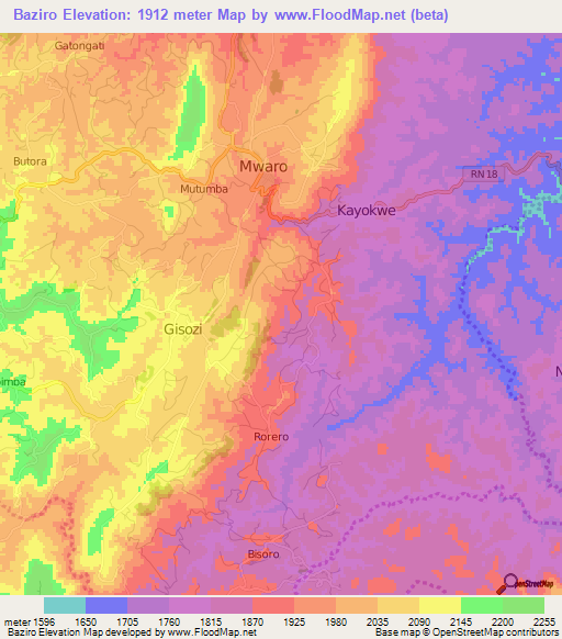 Baziro,Burundi Elevation Map