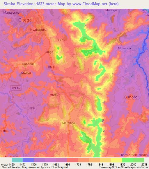 Simba,Burundi Elevation Map