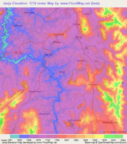 Janja,Burundi Elevation Map