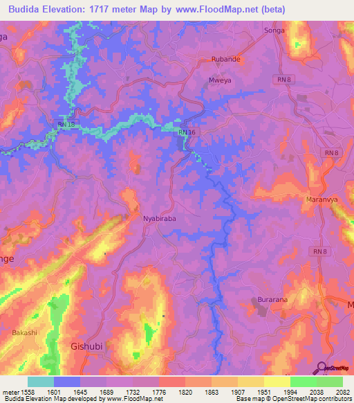 Budida,Burundi Elevation Map