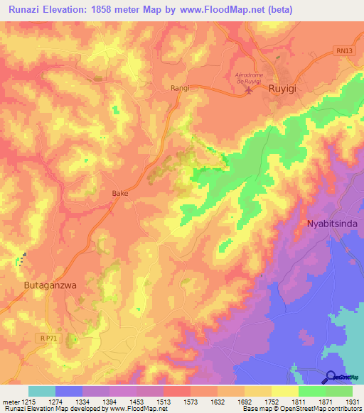 Runazi,Burundi Elevation Map
