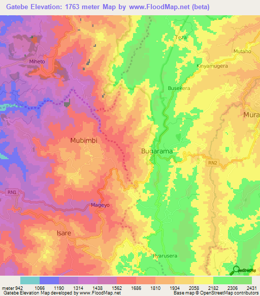 Gatebe,Burundi Elevation Map