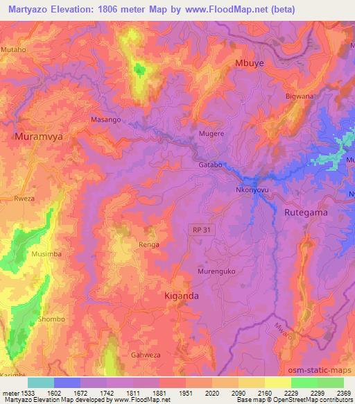 Martyazo,Burundi Elevation Map