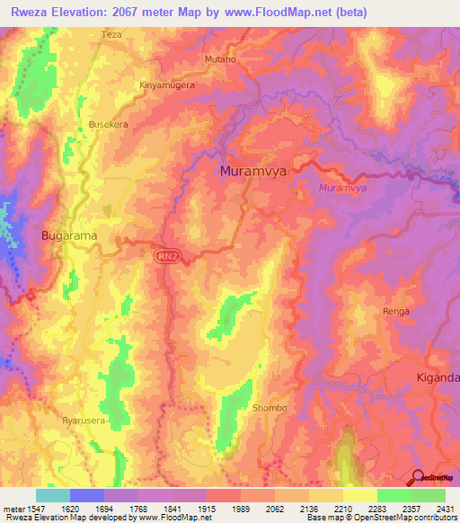 Rweza,Burundi Elevation Map